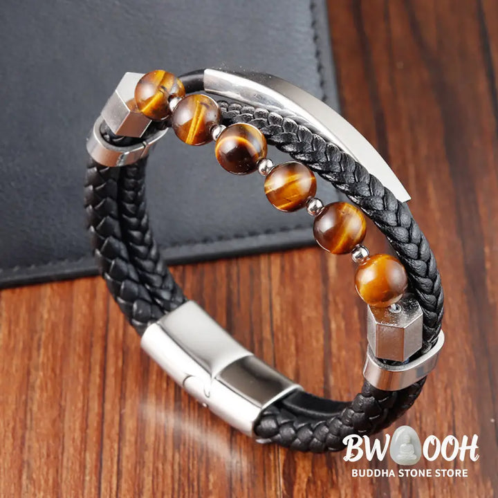 Buddha Stones Tiger Eye Bead Multi-layered Grounding Leather Buckle Bracelet - BWOOOH - Tiger Eye(Wrist Circumference: