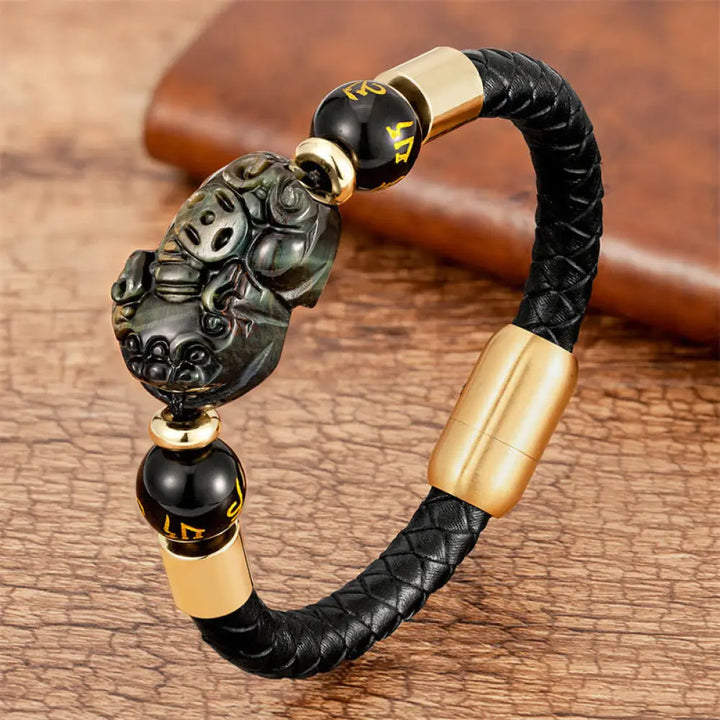 Buddha Stones Tiger Eye Black Onyx Red Agate PiXiu Copper Coin Om Mani Padme Hum Strength Leather Bracelet - BWOOOH