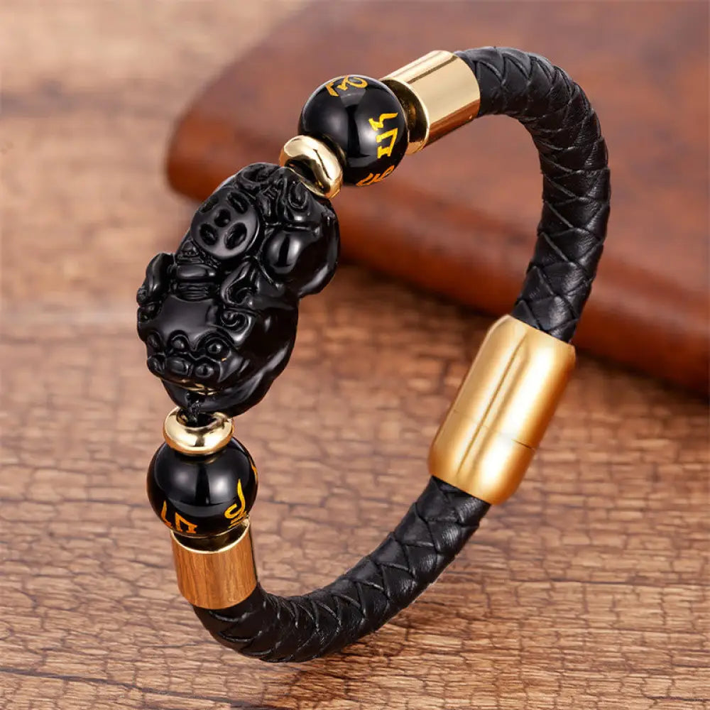 Buddha Stones Tiger Eye Black Onyx Red Agate PiXiu Copper Coin Om Mani Padme Hum Strength Leather Bracelet - BWOOOH