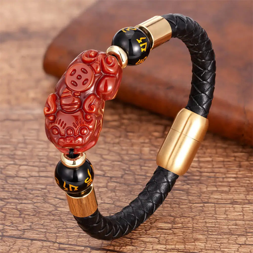 Buddha Stones Tiger Eye Black Onyx Red Agate PiXiu Copper Coin Om Mani Padme Hum Strength Leather Bracelet - BWOOOH