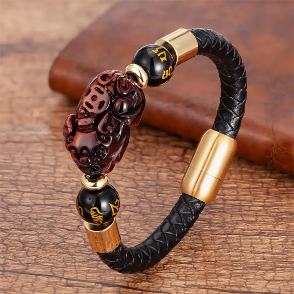 Buddha Stones Tiger Eye Black Onyx Red Agate PiXiu Copper Coin Om Mani Padme Hum Strength Leather Bracelet - BWOOOH