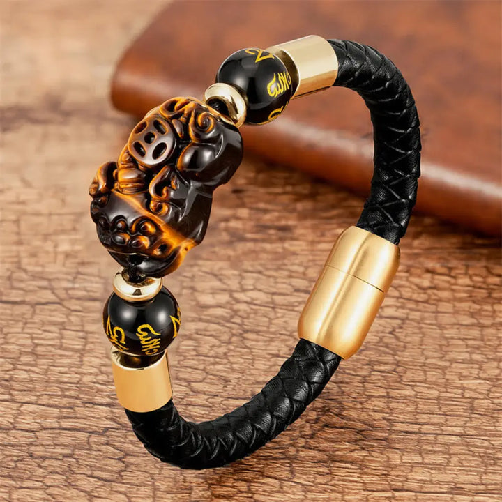 BWOOOH Tiger Eye Black Onyx Red Agate PiXiu Copper Coin Om Mani Padme Hum Strength Leather Bracelet - BWOOOH
