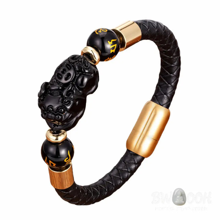 Buddha Stones Tiger Eye Black Onyx Red Agate PiXiu Copper Coin Om Mani Padme Hum Strength Leather Bracelet - BWOOOH