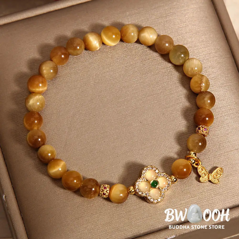 Buddha Stones Tiger Eye Four Leaf Clover Butterfly Protection Bracelet - BWOOOH - Tiger Eye(Wrist Circumference