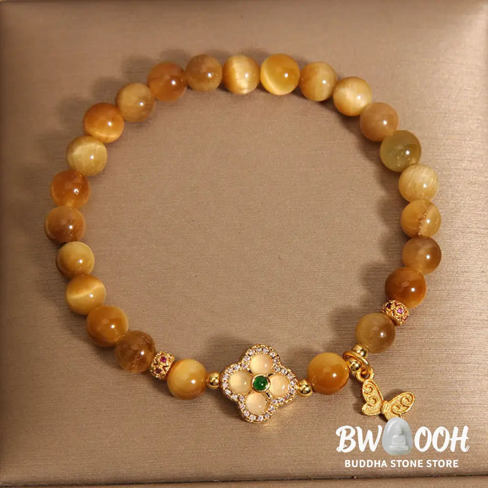 Buddha Stones Tiger Eye Four Leaf Clover Butterfly Protection Bracelet - BWOOOH - Tiger Eye(Wrist Circumference
