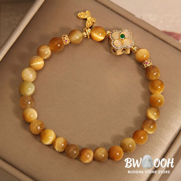Buddha Stones Tiger Eye Four Leaf Clover Butterfly Protection Bracelet - BWOOOH - Tiger Eye(Wrist Circumference