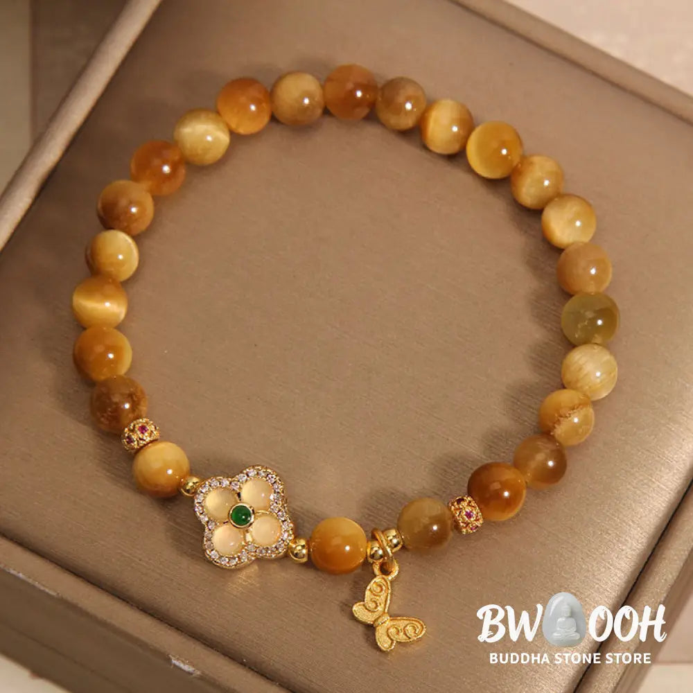 Buddha Stones Tiger Eye Four Leaf Clover Butterfly Protection Bracelet - BWOOOH - Tiger Eye(Wrist Circumference