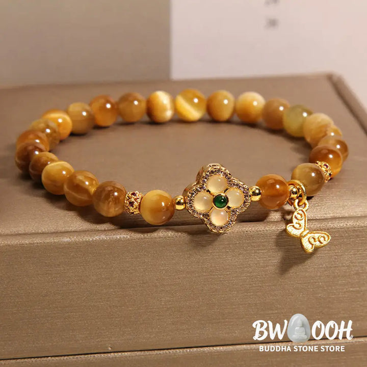 Buddha Stones Tiger Eye Four Leaf Clover Butterfly Protection Bracelet - BWOOOH - Tiger Eye(Wrist Circumference