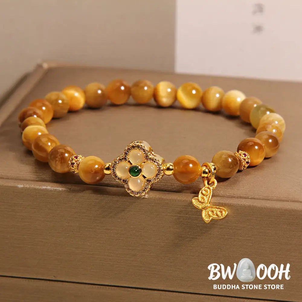 Buddha Stones Tiger Eye Four Leaf Clover Butterfly Protection Bracelet - BWOOOH - Tiger Eye(Wrist Circumference