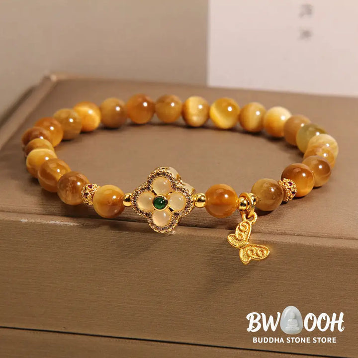 Buddha Stones Tiger Eye Four Leaf Clover Butterfly Protection Bracelet - BWOOOH - Tiger Eye(Wrist Circumference