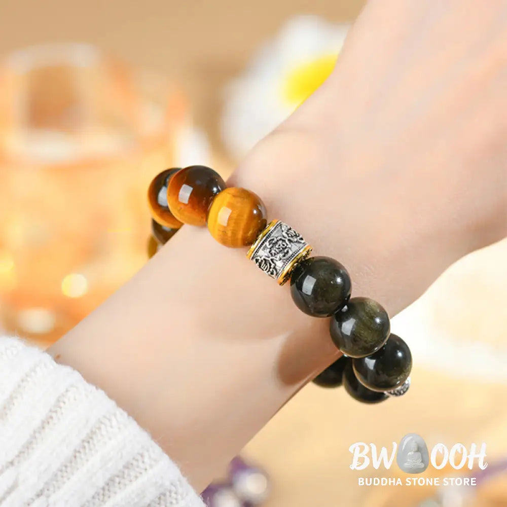 Buddha Stones Tiger Eye Gold Sheen Obsidian Om Mani Padme Hum Bracelet - BWOOOH - Gold Sheen Obsidian&amp;Tiger Eye (Wrist