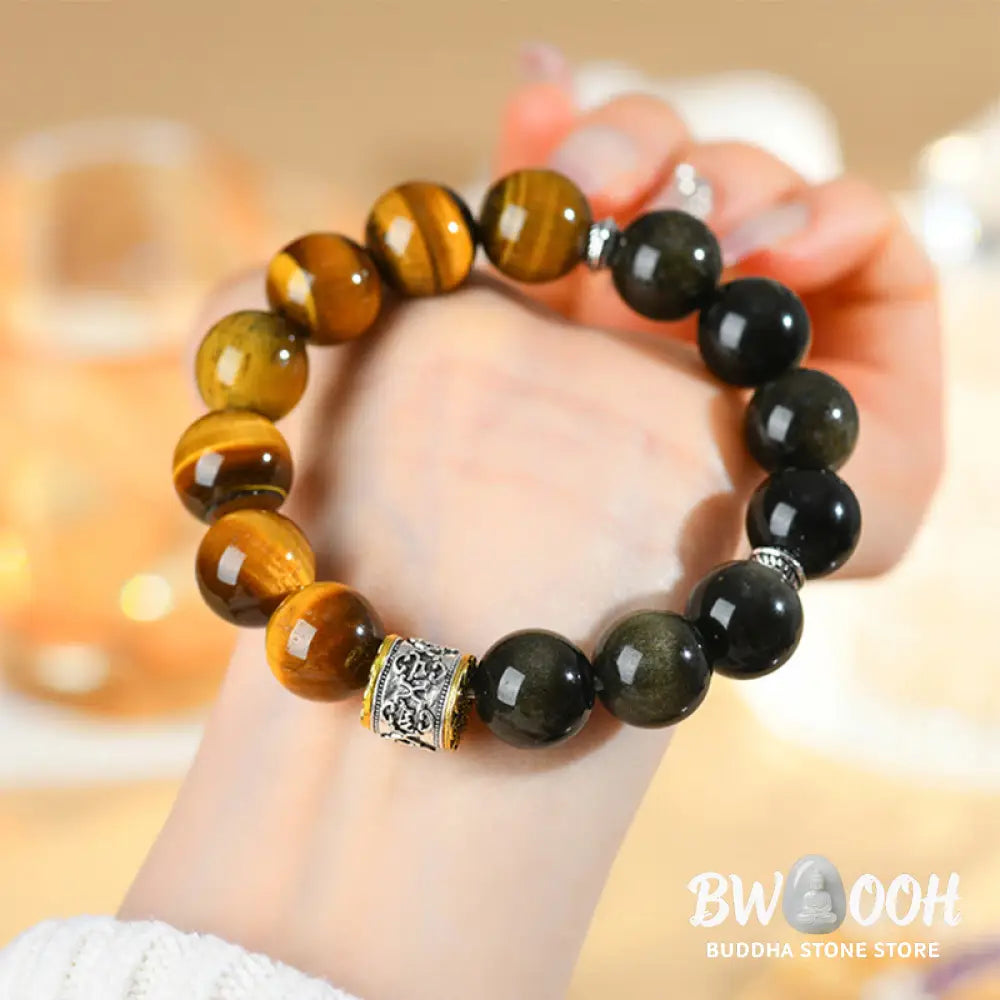 Buddha Stones Tiger Eye Gold Sheen Obsidian Om Mani Padme Hum Bracelet - BWOOOH - Gold Sheen Obsidian&amp;Tiger Eye (Wrist