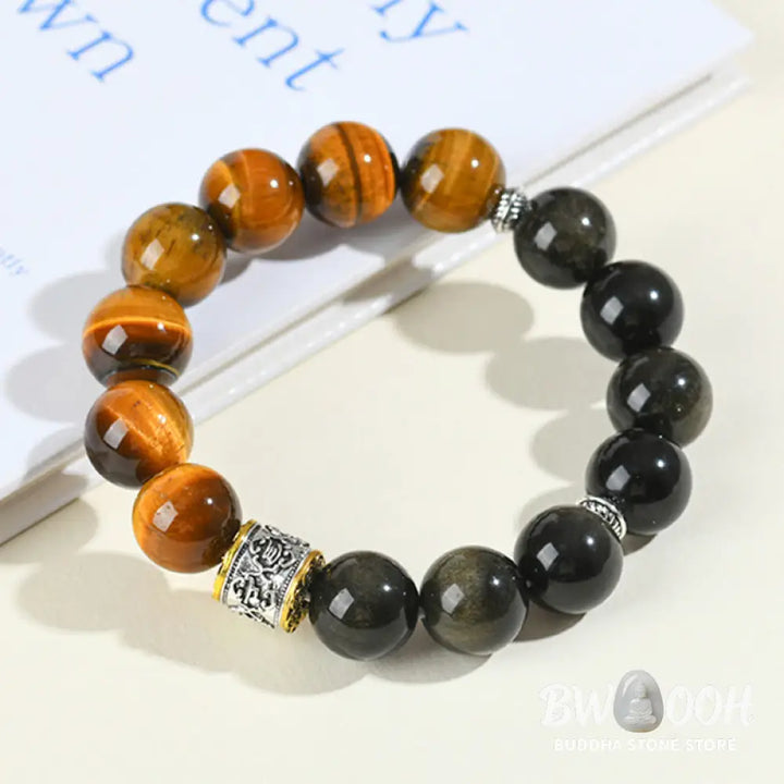 Buddha Stones Tiger Eye Gold Sheen Obsidian Om Mani Padme Hum Bracelet - BWOOOH - Gold Sheen Obsidian&amp;Tiger Eye (Wrist