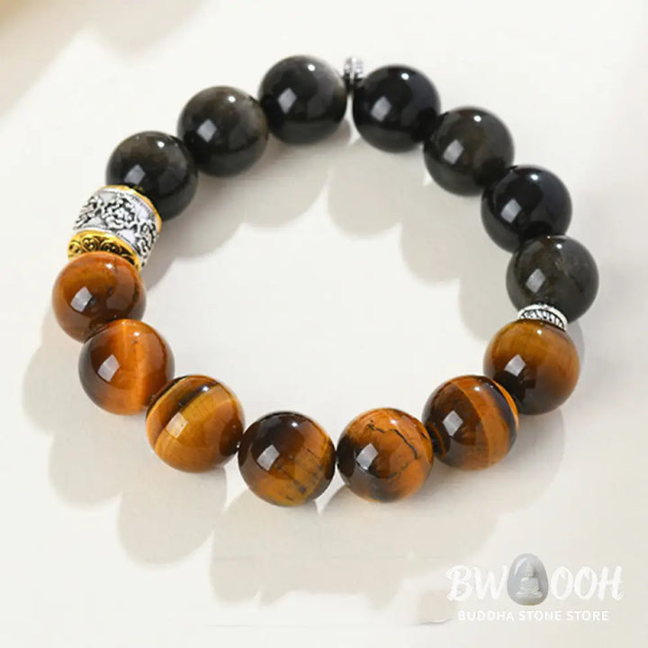 Buddha Stones Tiger Eye Gold Sheen Obsidian Om Mani Padme Hum Bracelet - BWOOOH - Gold Sheen Obsidian&amp;Tiger Eye (Wrist