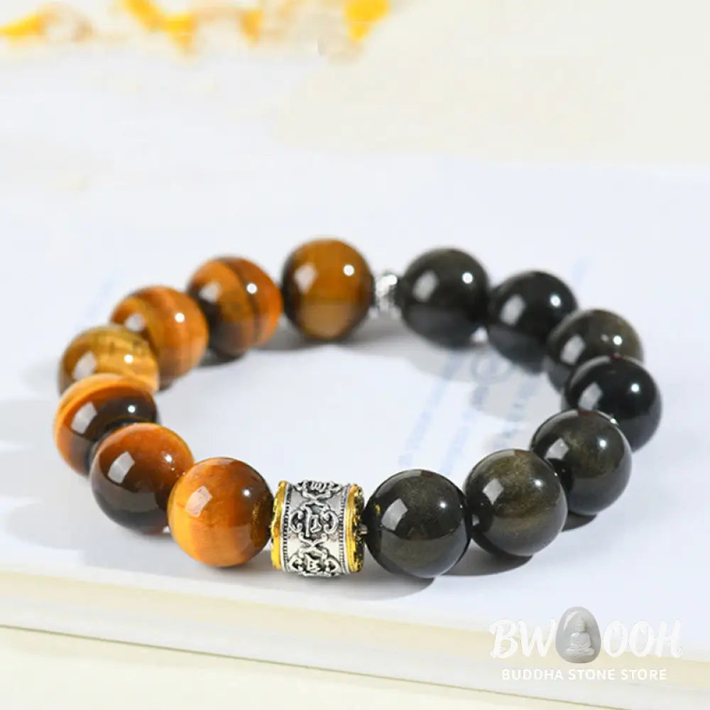 Buddha Stones Tiger Eye Gold Sheen Obsidian Om Mani Padme Hum Bracelet - BWOOOH - Gold Sheen Obsidian&amp;Tiger Eye (Wrist