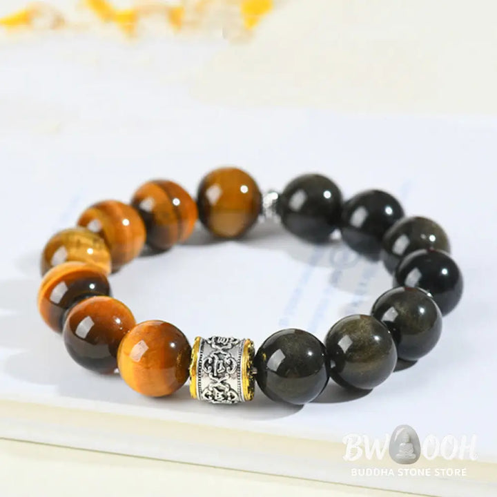 Buddha Stones Tiger Eye Gold Sheen Obsidian Om Mani Padme Hum Bracelet - BWOOOH - Gold Sheen Obsidian&amp;Tiger Eye (Wrist