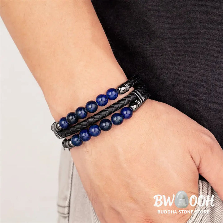 Buddha Stones Tiger Eye Hematite Lava Rock Black Onyx Lazurite Beads Protection Strength Leather Bracelet - Bracelet