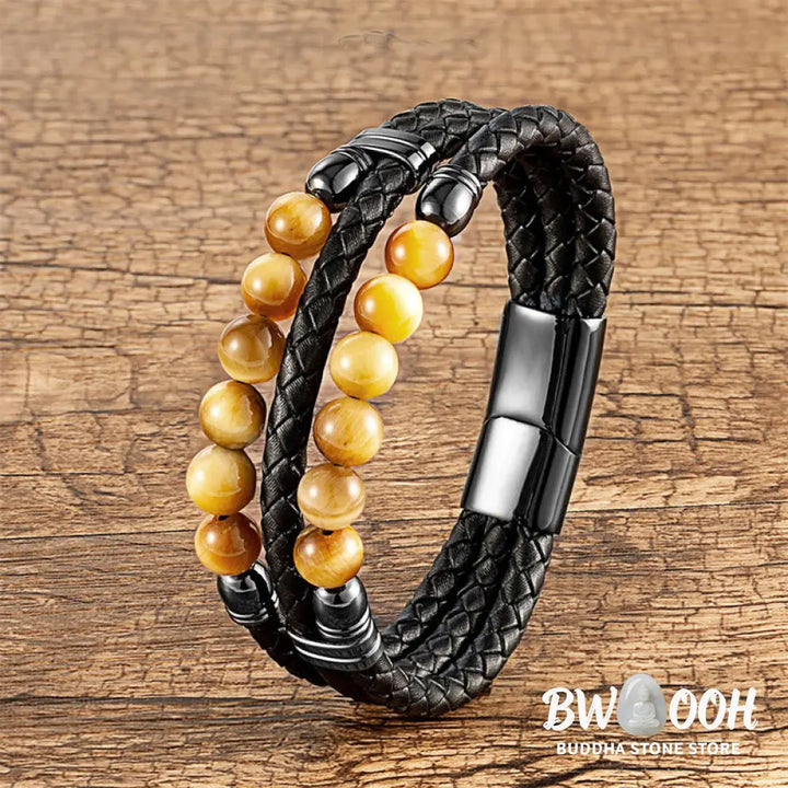 Buddha Stones Tiger Eye Hematite Lava Rock Black Onyx Lazurite Beads Protection Strength Leather Bracelet - Bracelet
