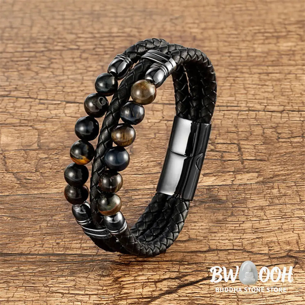 Buddha Stones Tiger Eye Hematite Lava Rock Black Onyx Lazurite Beads Protection Strength Leather Bracelet - Bracelet