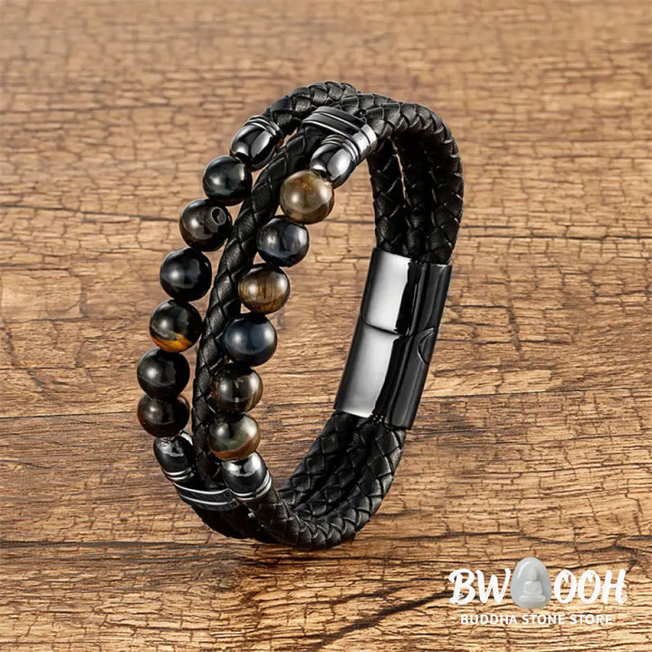 Buddha Stones Tiger Eye Hematite Lava Rock Black Onyx Lazurite Beads Protection Strength Leather Bracelet - Bracelet