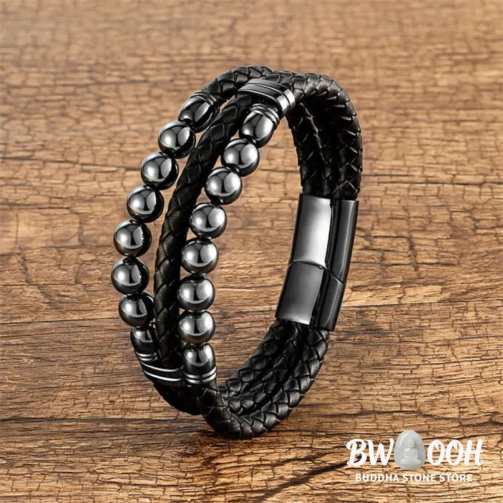 Buddha Stones Tiger Eye Hematite Lava Rock Black Onyx Lazurite Beads Protection Strength Leather Bracelet - Bracelet