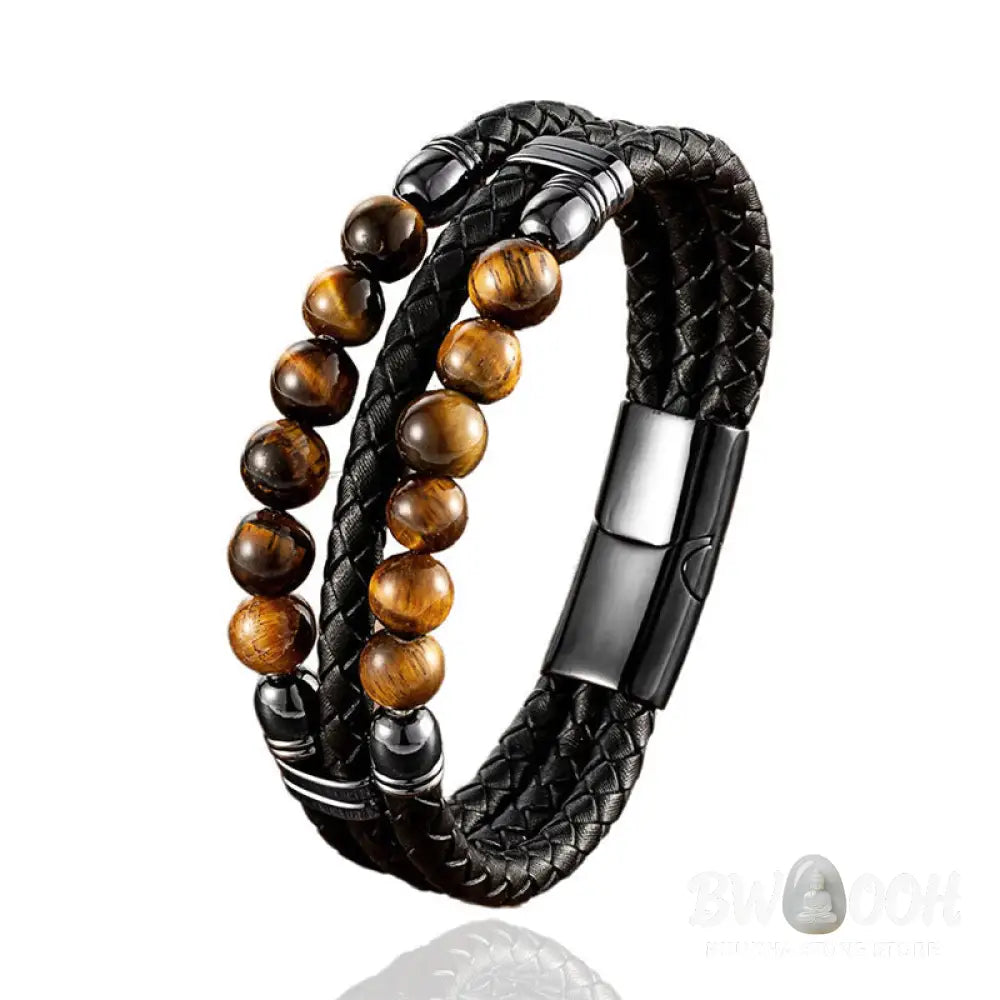 Buddha Stones Tiger Eye Hematite Lava Rock Black Onyx Lazurite Beads Protection Strength Leather Bracelet - Bracelet