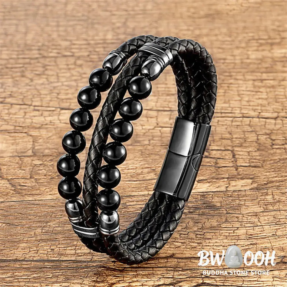 Buddha Stones Tiger Eye Hematite Lava Rock Black Onyx Lazurite Beads Protection Strength Leather Bracelet - Bracelet