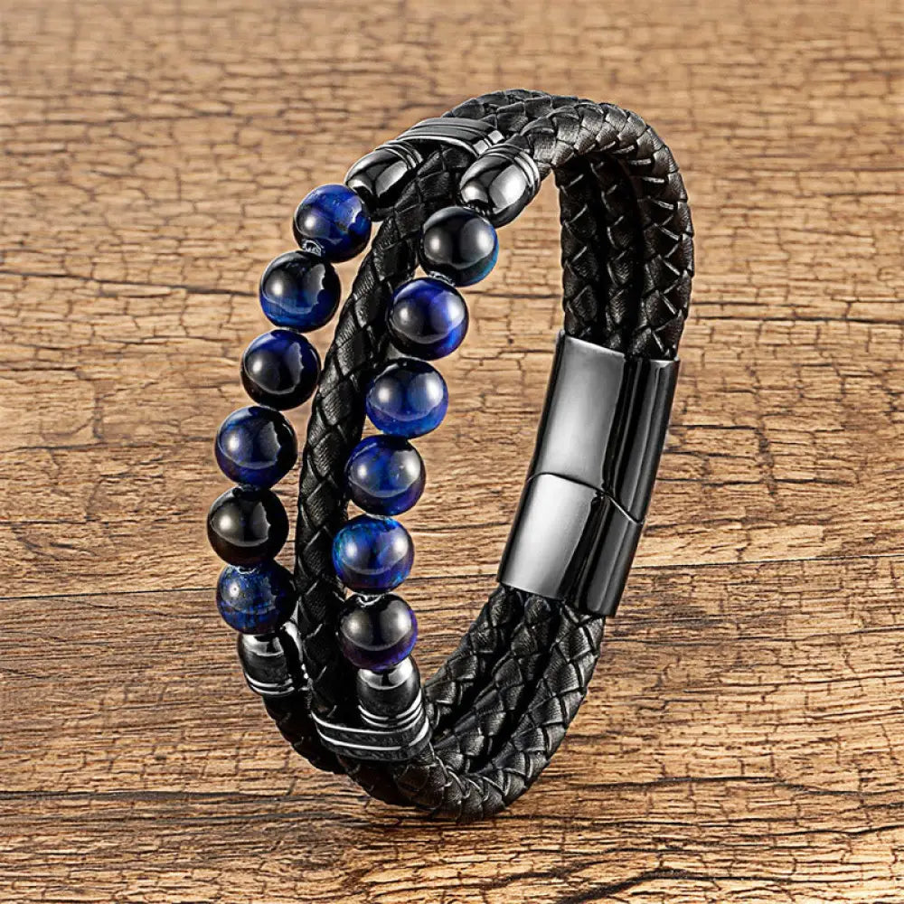 BWOOOH Tiger Eye Hematite Lava Rock Black Onyx Lazurite Beads Protection Strength Leather Bracelet - Bracelet