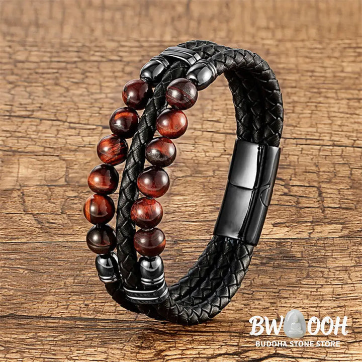 Buddha Stones Tiger Eye Hematite Lava Rock Black Onyx Lazurite Beads Protection Strength Leather Bracelet - Bracelet