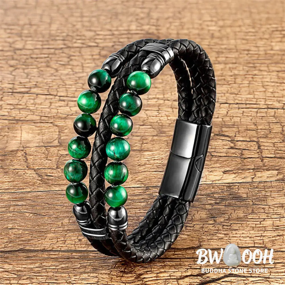 Buddha Stones Tiger Eye Hematite Lava Rock Black Onyx Lazurite Beads Protection Strength Leather Bracelet - Bracelet