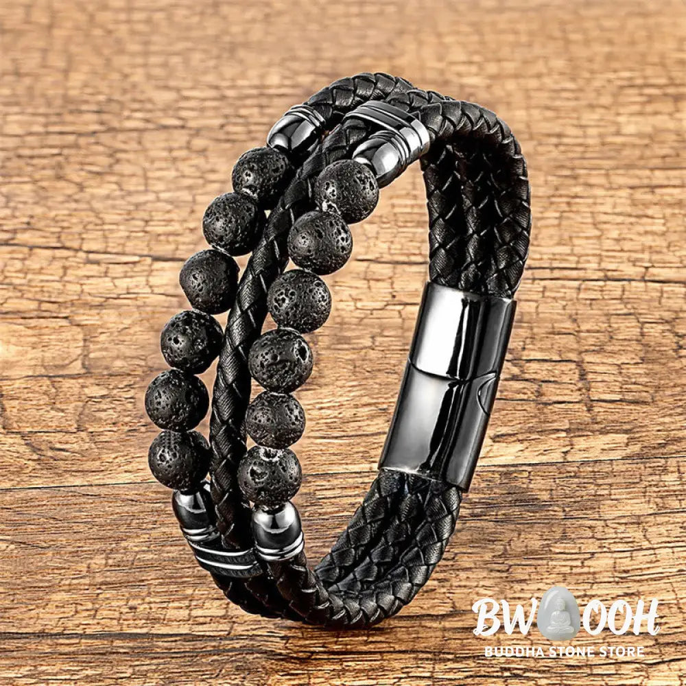 Buddha Stones Tiger Eye Hematite Lava Rock Black Onyx Lazurite Beads Protection Strength Leather Bracelet - Bracelet