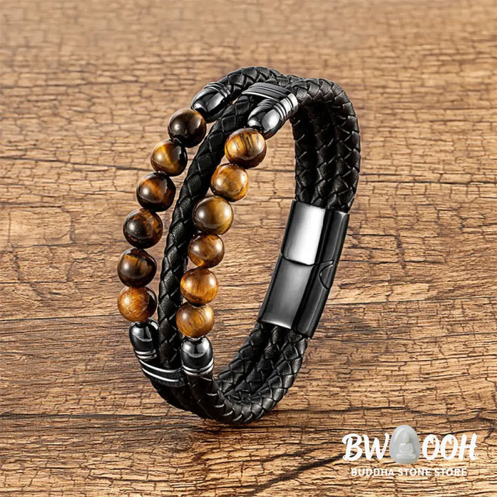 Buddha Stones Tiger Eye Hematite Lava Rock Black Onyx Lazurite Beads Protection Strength Leather Bracelet - Bracelet