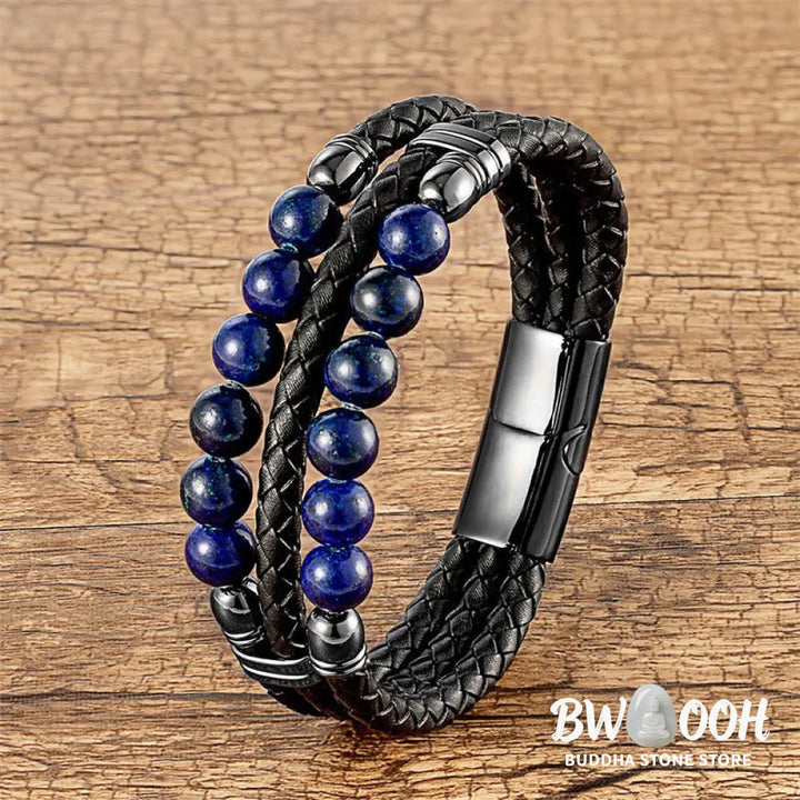 Buddha Stones Tiger Eye Hematite Lava Rock Black Onyx Lazurite Beads Protection Strength Leather Bracelet - Bracelet