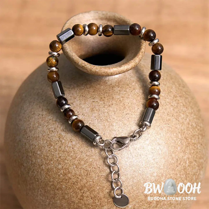 Buddha Stones Tiger Eye Hematite Strength Buckle Chain Bracelet - BWOOOH - Tiger Eye Hematite(Wrist Circumference: