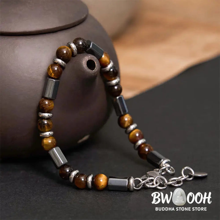 Buddha Stones Tiger Eye Hematite Strength Buckle Chain Bracelet - BWOOOH - Tiger Eye Hematite(Wrist Circumference:
