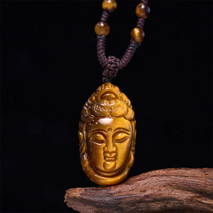 Buddha Stones Tiger Eye Kwan Yin Avalokitesvara Head String Strength Necklace Pendant - BWOOOH - Tiger Eye