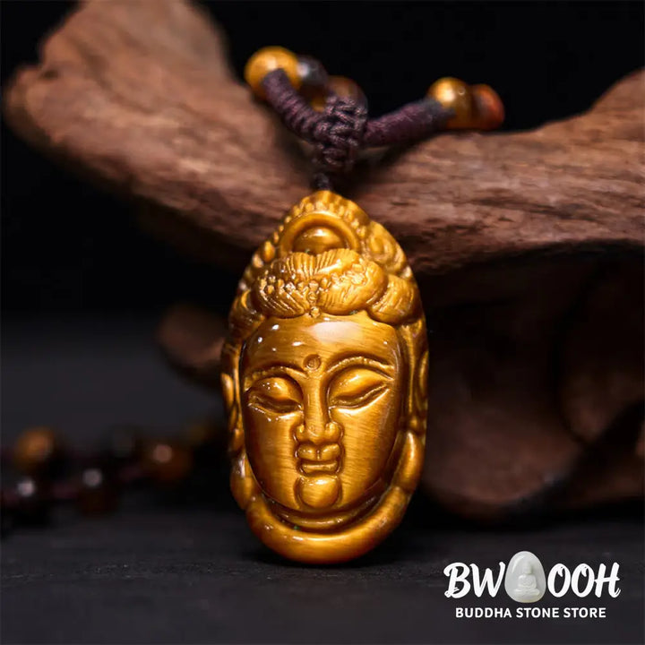 Buddha Stones Tiger Eye Kwan Yin Avalokitesvara Head String Strength Necklace Pendant - BWOOOH - Necklaces &amp; Pendants