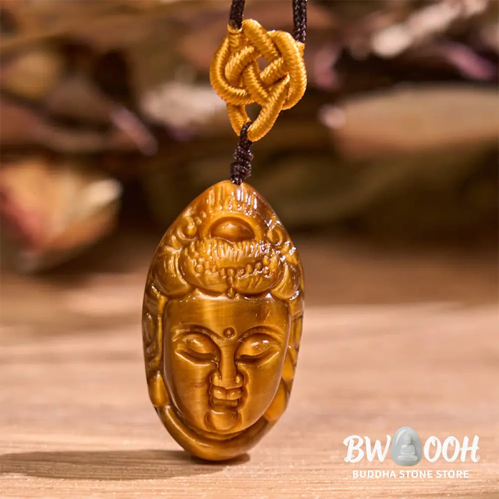 Buddha Stones Tiger Eye Kwan Yin Avalokitesvara Head String Strength Necklace Pendant - BWOOOH - Necklaces &amp; Pendants