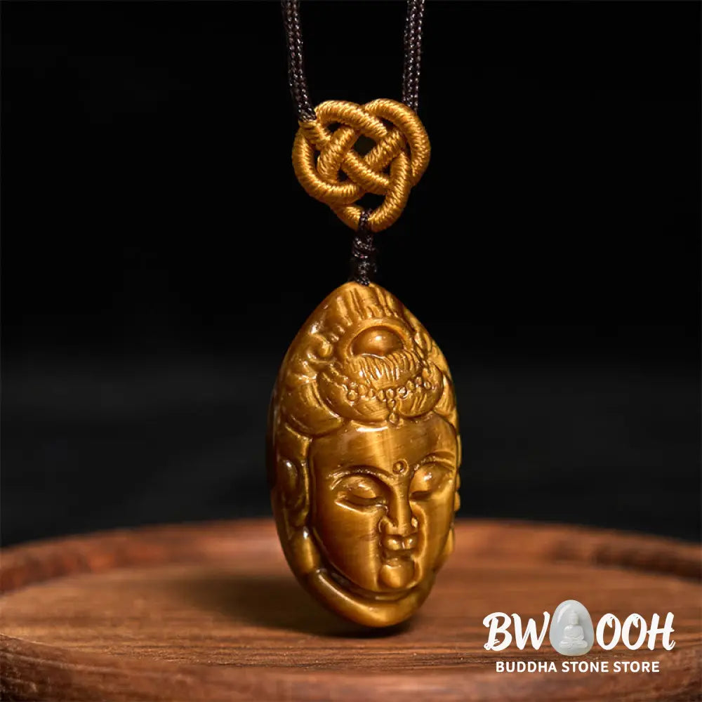 Buddha Stones Tiger Eye Kwan Yin Avalokitesvara Head String Strength Necklace Pendant - BWOOOH - Necklaces &amp; Pendants