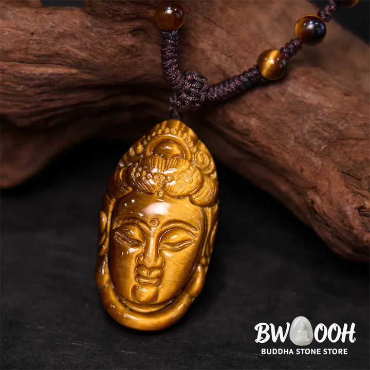 Buddha Stones Tiger Eye Kwan Yin Avalokitesvara Head String Strength Necklace Pendant - BWOOOH - Necklaces &amp; Pendants