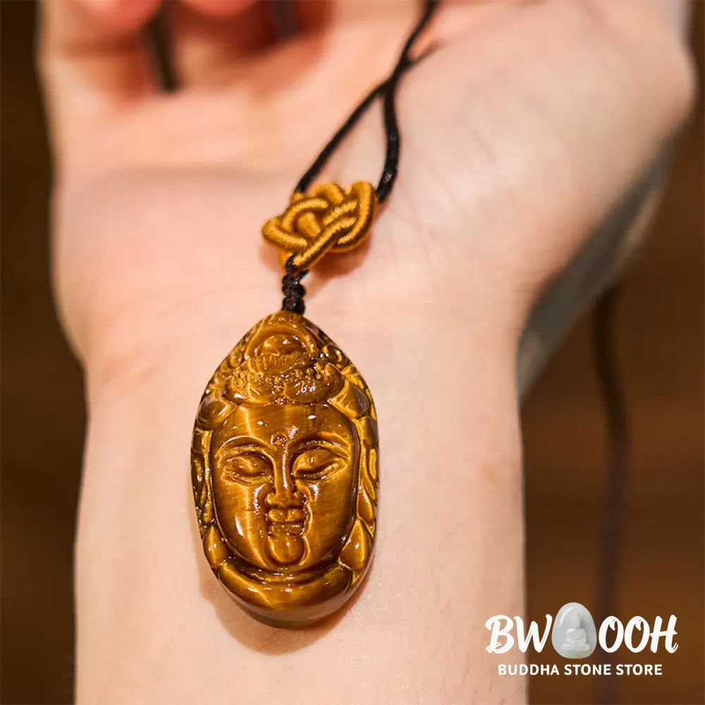 Buddha Stones Tiger Eye Kwan Yin Avalokitesvara Head String Strength Necklace Pendant - BWOOOH - Necklaces &amp; Pendants