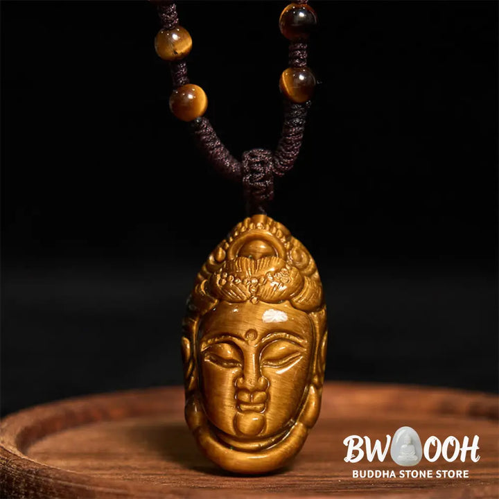 Buddha Stones Tiger Eye Kwan Yin Avalokitesvara Head String Strength Necklace Pendant - BWOOOH - Necklaces &amp; Pendants