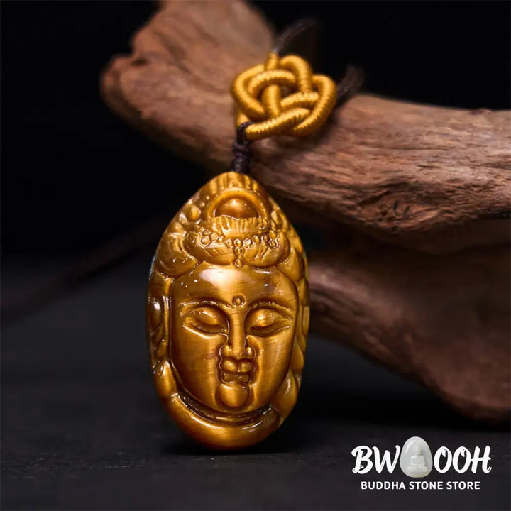 Buddha Stones Tiger Eye Kwan Yin Avalokitesvara Head String Strength Necklace Pendant - BWOOOH - Necklaces &amp; Pendants