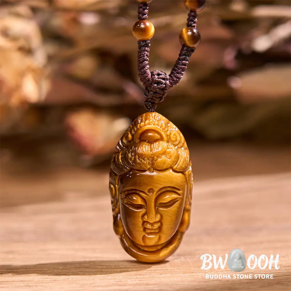 Buddha Stones Tiger Eye Kwan Yin Avalokitesvara Head String Strength Necklace Pendant - BWOOOH - Necklaces &amp; Pendants