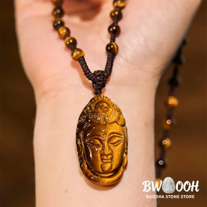 Buddha Stones Tiger Eye Kwan Yin Avalokitesvara Head String Strength Necklace Pendant - BWOOOH - Necklaces &amp; Pendants