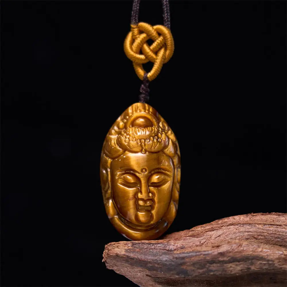 Buddha Stones Tiger Eye Kwan Yin Avalokitesvara Head String Strength Necklace Pendant - BWOOOH - Tiger Eye
