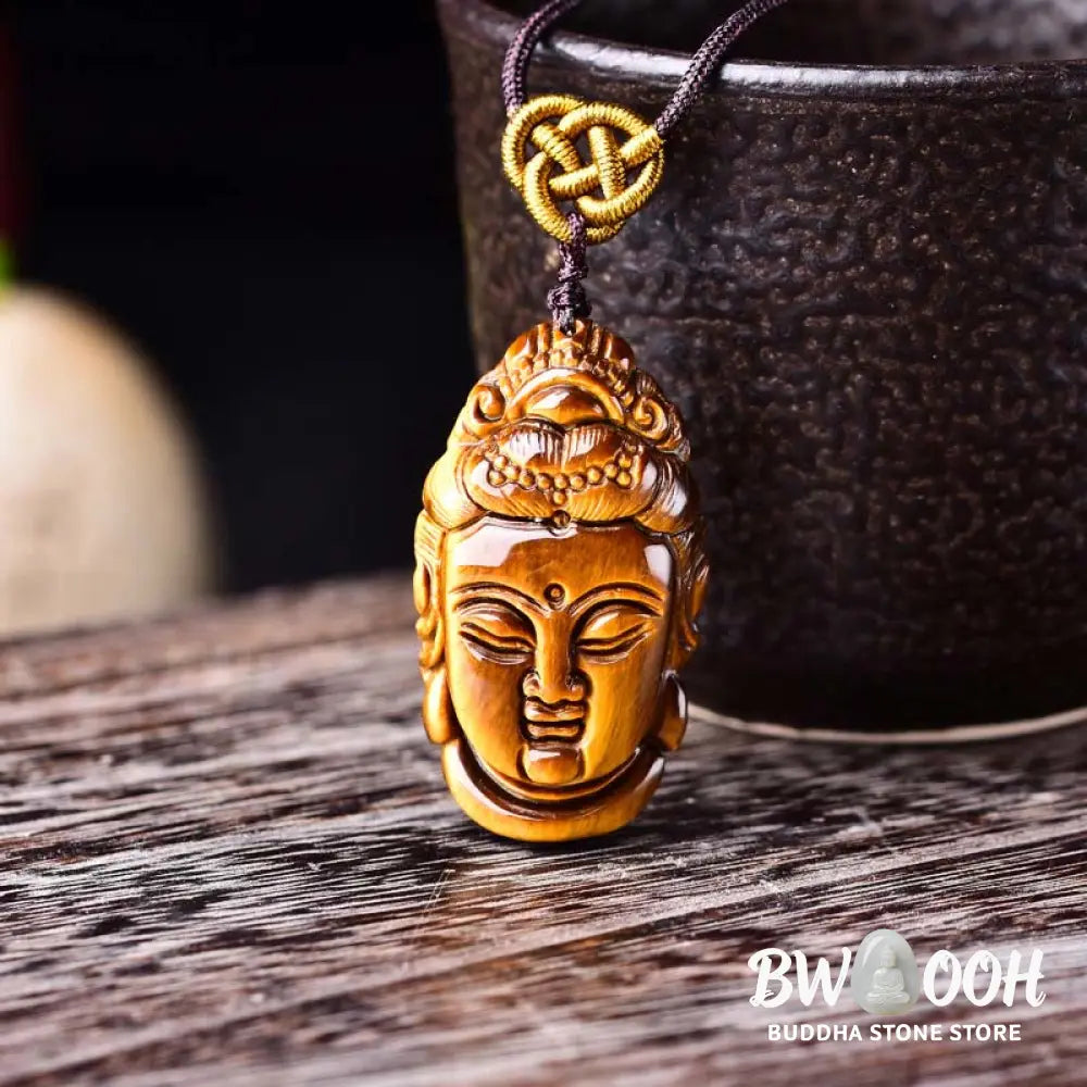 Buddha Stones Tiger Eye Kwan Yin Avalokitesvara Head String Strength Necklace Pendant - BWOOOH - Necklaces &amp; Pendants
