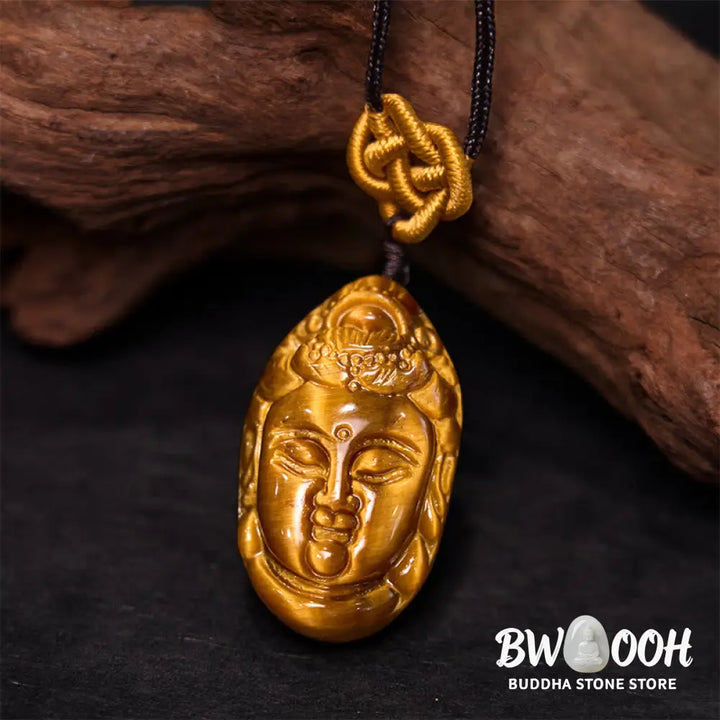 Buddha Stones Tiger Eye Kwan Yin Avalokitesvara Head String Strength Necklace Pendant - BWOOOH - Necklaces &amp; Pendants