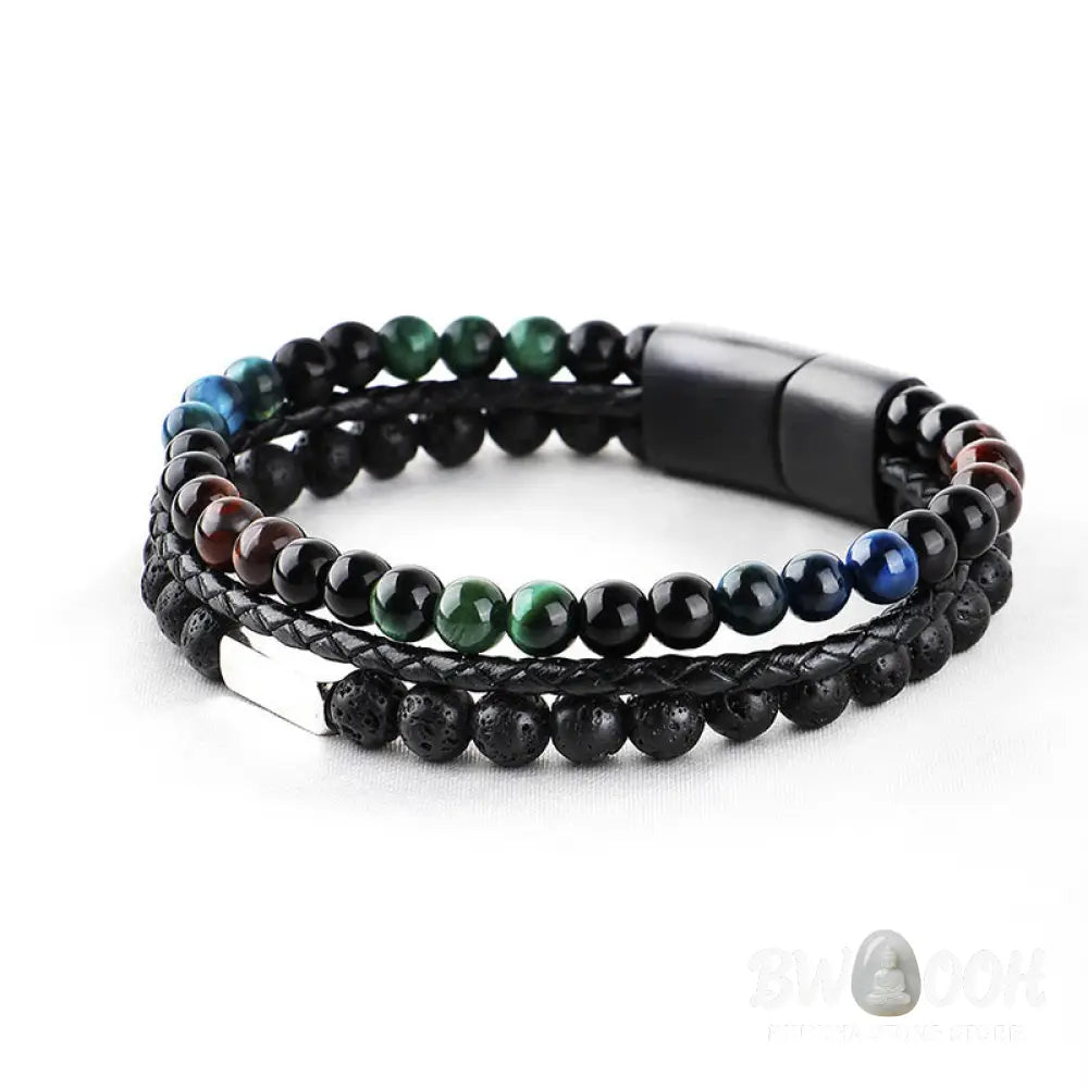 Buddha Stones Tiger Eye Lava Rock Bead Braided Strength Leather Bracelet - Tiger Eye Lava Rock(Wrist Circumference: