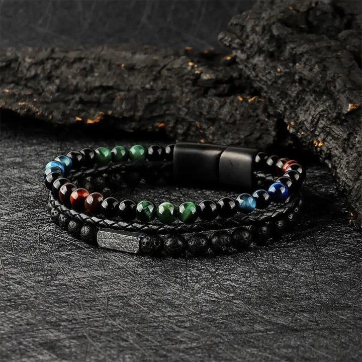 Buddha Stones Tiger Eye Lava Rock Bead Braided Strength Leather Bracelet - Tiger Eye Lava Rock(Wrist Circumference: